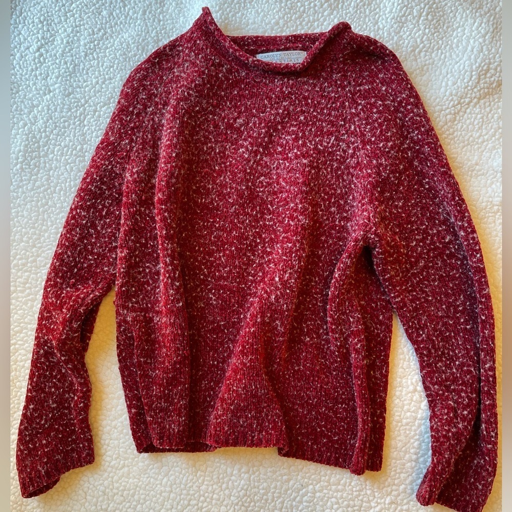 Carolyn Taylor red fuzzy knit vintage sweater crewneck wool blend